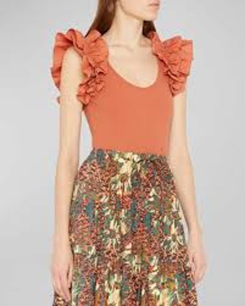 ULLA JOHNSON Koa Ruffle Sleeve Rib Top FEMININE CASUAL Size Small S Terracotta